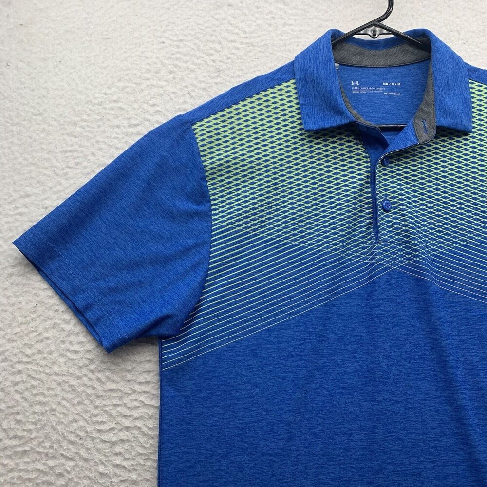Under Armour Polo Shirt Mens Medium M Loose HeatGear Blue Geometric Golf Dad - Picture 2 of 10